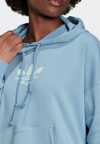 Ljusblå hoodie i mjuk bomullsblandning, med en framficka med kängurustil och en grafisk logotyp i en ljusare nyans. Dragsnören pryder huvan.