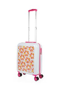 Maleta rígida con un acabado blanco brillante, acentos en rosa y un diseño floral que presenta margaritas naranjas y amarillas con caras sonrientes.