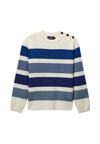 Pull rayé en blanc, bleu et gris. Présente un col rond, des manches longues et trois boutons décoratifs noirs sur l'épaule.
