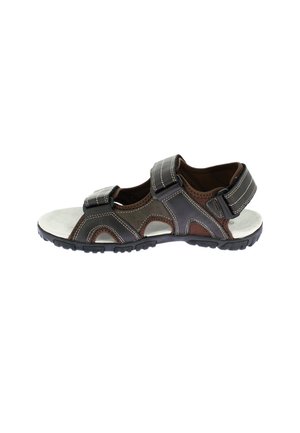 Sandale outdoor pour homme en noir et marron avec des sangles Velcro réglables et une semelle robuste pour l'adhérence.