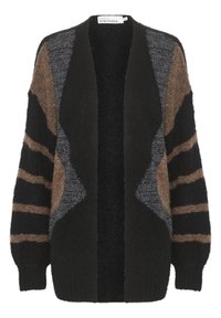 Cardigan lavorato a maglia nero, marrone e grigio con apertura frontale, maniche oversize e motivi geometrici. Realizzato in un materiale morbido e testurizzato.