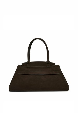 Ciemnobrązowa torebka w kształcie trapezu z podwójnymi uchwytami i subtelnym logo marki umieszczonym na środku przedniego panelu.