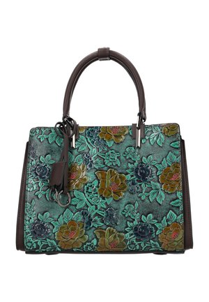Geantă cu mânere și părți maro închis, cu fundal turcoaz embosat cu modele florale maro și verzi în relief și suport de chei atașat din piele.