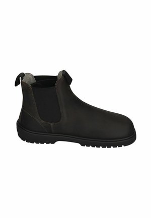 Black leather Chelsea ankle boot with elastic side panels, pull tabs at front and back, and a rubber sole with tread.