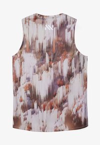 Mouwloos sporttopje met een abstract patroon van verticale strepen in aardetinten en een klein wit logo bij het midden van de bovenrug.