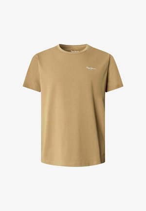 Beige T-Shirt mit kurzen Ärmeln und Rundhalsausschnitt mit kleinem weißem "Pepe Jeans"-Logo auf der linken Brust.