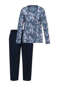 Kukallinen pitkähihainen paita sinivalkoisena, yllään tummansiniset elastiset housut. Paidassa on pyöreä kaula-aukko ja rento malli.