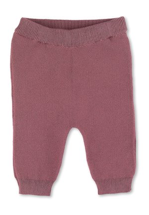 Zachte mauve gebreide babybroek met een geribde tailleband en boorden, ontworpen voor comfort en warmte.
