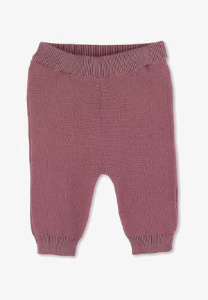 Pantaloni morbidi in maglia color malva con vita e polsini a coste, progettati per comfort e calore.