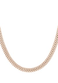 Roségouden ketting met vergrendelende schakels, afgewerkt met een gladde, gepolijste uitstraling. De ketting heeft een platte vorm en een stevige textuur.