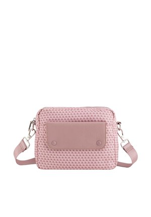 Compact crossbody bag featuring a textured pink fabric body, smooth leather accents, zip closure, and adjustable strap with metal hardware.