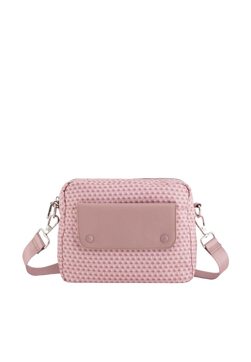 Geantă crossbody compactă, cu un corp dintr-un material texturat de culoare roz, accente din piele netedă, închidere cu fermoar și curea ajustabilă cu elemente de prindere din metal.