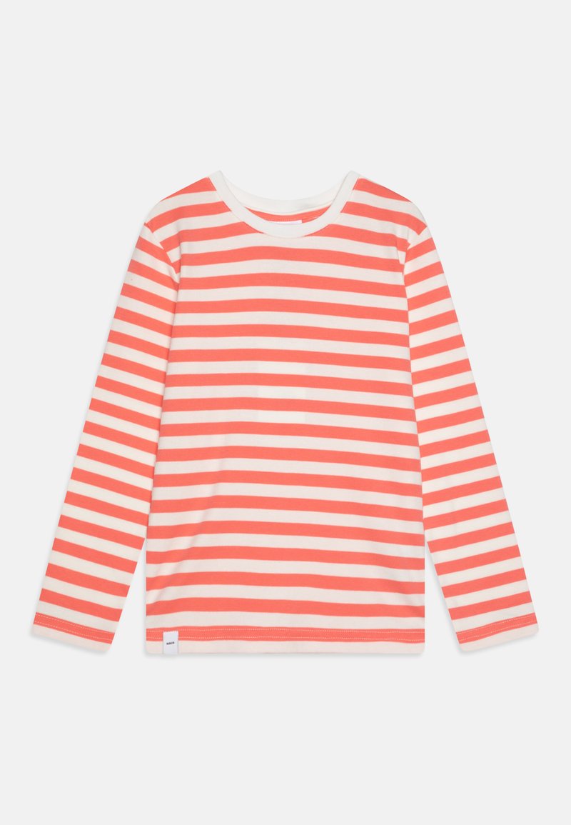 Hosszú ujjú ing korall- és krémcsíkokkal, kerek nyakkivágással és puha anyagból. Egyszerű dizájn, további minták vagy díszítések nélkül.