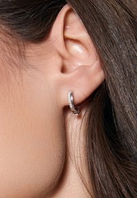 Srebrna kolczyk w kształcie koła z małymi przezroczystymi kamieniami osadzonymi po jednej stronie, noszony na płatku ucha, z gładką, wypolerowaną powierzchnią.