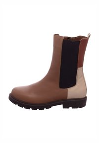 Brown leather ankle boot with black elastic panels, beige accents, and a low rubber sole. Smooth texture with contrasting color blocks.
