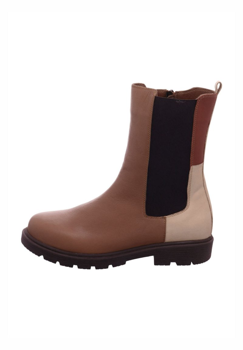 Brown leather ankle boot with black elastic panels, beige accents, and a low rubber sole. Smooth texture with contrasting color blocks.