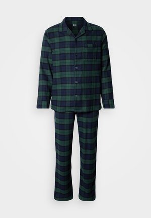 Flannelsæt i mørkegrøn og marineblå tern. Langærmet top med knaplukning og enkeltlomme. Bukser med lige ben og elastik i taljen.