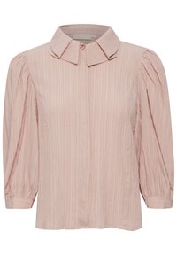 Helles rosa Blusenshirt mit einer strukturierten, zerknitterten Optik. Mit Kragen und Puffärmeln, die am Bündchen gerafft sind.