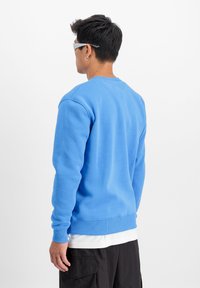 Plavi dukserica s okruglim izrezom i dugim rukavima. Izrađena od mekane tkanine, s rebrastim manžetama i rubom. Minimalistički dizajn, bez uzoraka.