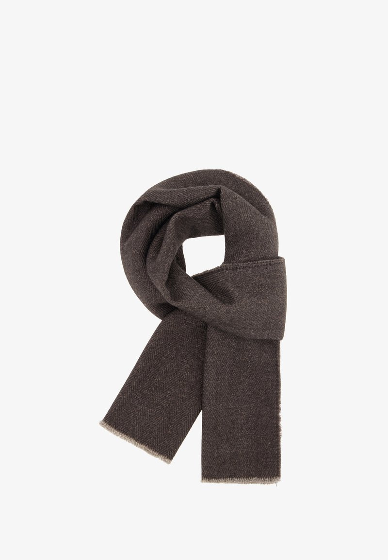 Mörkbrun sjal av texturerad tyg, med ett fiskbensmönster, råa kanter och en mjuk finish.