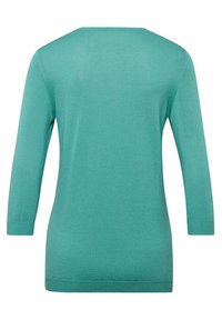 Ein türkisfarbener, langärmeliger Strickoberteil mit rundem Halsausschnitt, gerippten Bündchen und Saum, mit einer glatten Textur und einem lockeren Schnitt.