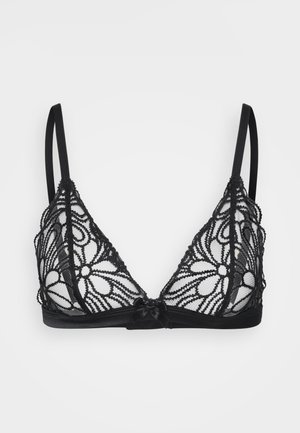 Soutien-gorge triangle en dentelle noire avec motif floral, en tissu transparent et bretelles réglables. Détail en satin en forme de nœud au centre de la bande sous-poitrine.