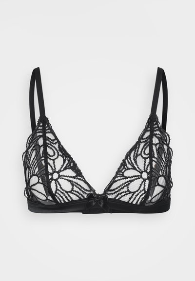 Črn čipkast triangel modrček s cvetličnim vzorcem, prosojna tkanina in nastavljive naramnice. Satenska pentlja na sredini podstavka.