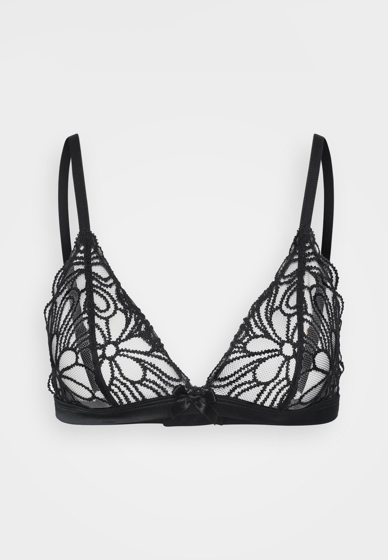 Reggiseno triangle in pizzo nero con motivo floreale, tessuto trasparente e spalline adjustable. Dettaglio in satin a fiocco al centro della fascia sottostante.