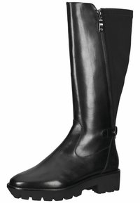 Black leather knee-high boot with a slight heel, featuring a side zipper and elastic panel, smooth texture, and a rugged sole.