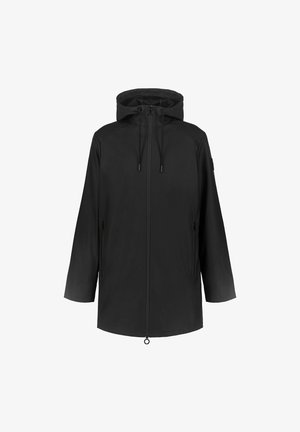 Giacca nera con cappuccio a forma. Caratterizzata da zip frontale completa, cappuccio regolabile con cordino e due tasche laterali con zip. Tessuto di superficie liscio.