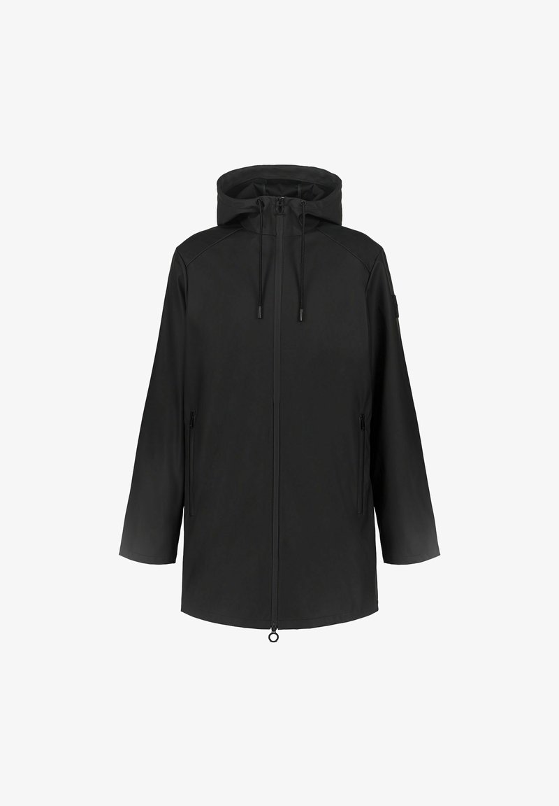 Veste noire à capuche avec une coupe droite. Dotée d'une fermeture éclair frontale complète, d'une capuche à cordon de serrage réglable et de deux poches latérales zippées. Texture du tissu lisse.