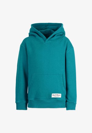 Teal hættetrøje lavet af blødt stof, med en frontlomme, ribbede manchetter og en justerbar hætte med snørre. Har et mærkelabel i sømmen.