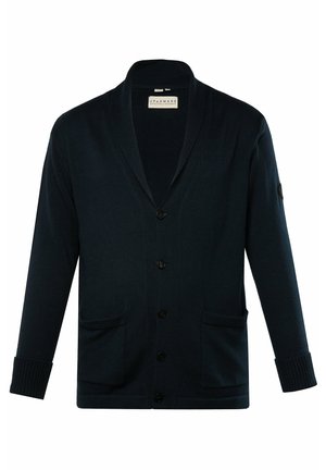 Marine blauwe gebreide cardigan met een sjaalkraag, vijf knopen sluiting, twee voorzakken en geribbelde manchetten. Gemaakt van een zachte stof.