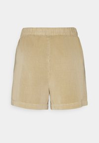 Pantaloncini beige con cintura elastica, realizzati in materiale morbido, con un design semplice e orlo risvoltato sui polsini.