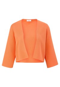 Short orange cardigan with a cropped design, open front, and three-quarter sleeves made from a textured knit fabric.