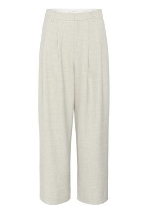 Light beige linen trousers with a wide-leg design, front pleats, and belt loops, featuring a smooth texture and tailored appearance.