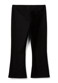 Pantaloni neri a vita alta, dritti, con una cintura liscia e senza tasche visibili o decorazioni, posati su uno sfondo bianco.