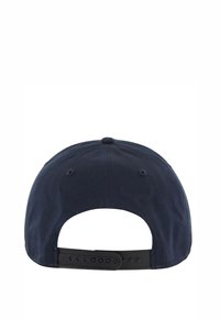 Marineblaue Baseballmütze mit weichem Stoffoberfläche, verstellbarem schwarzen Kunststoffsnapback-Verschluss und runder Form an der Spitze.