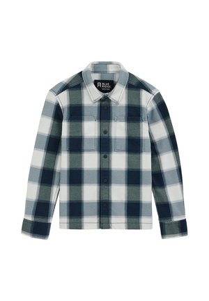 Camicia a quadri nei colori blu navy, bianco e verde. Presenta una chiusura con bottoni, due tasche sul petto e maniche lunghe. Realizzata in tessuto intrecciato con una texture liscia.