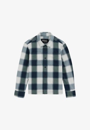 Kockás ing tengerészkék, fehér és zöld színekben. Gombos elülső rész, két mellzseb és hosszú ujjú kialakítás. Sima textúrájú szőtt anyagból készült.