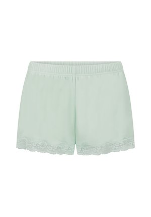 Mintgroene korte broek van gladde stof, met een kanten rand aan de onderzoom. Elastische tailleband zorgt voor een comfortabele pasvorm.