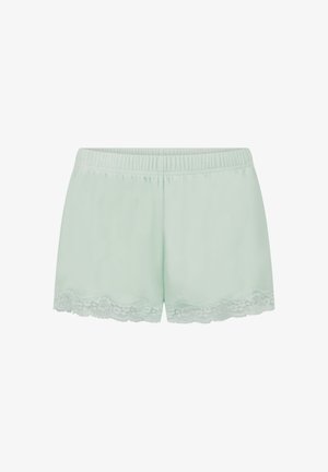 Mintgroene korte broek van gladde stof, met een kanten rand aan de onderzoom. Elastische tailleband zorgt voor een comfortabele pasvorm.