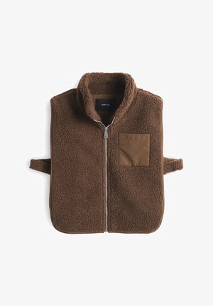 Bruine fleece vest met een hoge kraag, ritssluiting en een borstzak. Heeft een gestructureerde stof met een effen bruine accenten.