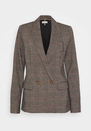 Dameskræddersyet dobbeltradet blazer med brunt ternet mønster, hakkede revers, to frontlommer med klap og guldfarvede knapper.