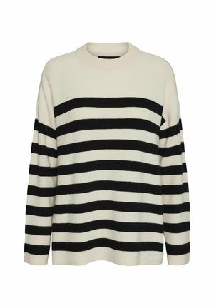 Suéter a rayas en crema y negro, con una textura acanalada, mangas largas y un cuello redondo. Las rayas son anchas y están espaciadas de manera uniforme.