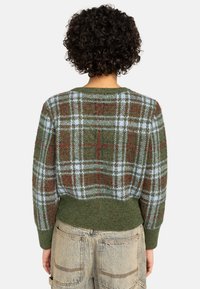 Zöld kockás pulóver piros és kék részletekkel, kötött textúrával, bordás szegéllyel és kerek nyakkal. A nézet a hátsó dizájnt és a rövid ujjakat mutatja.