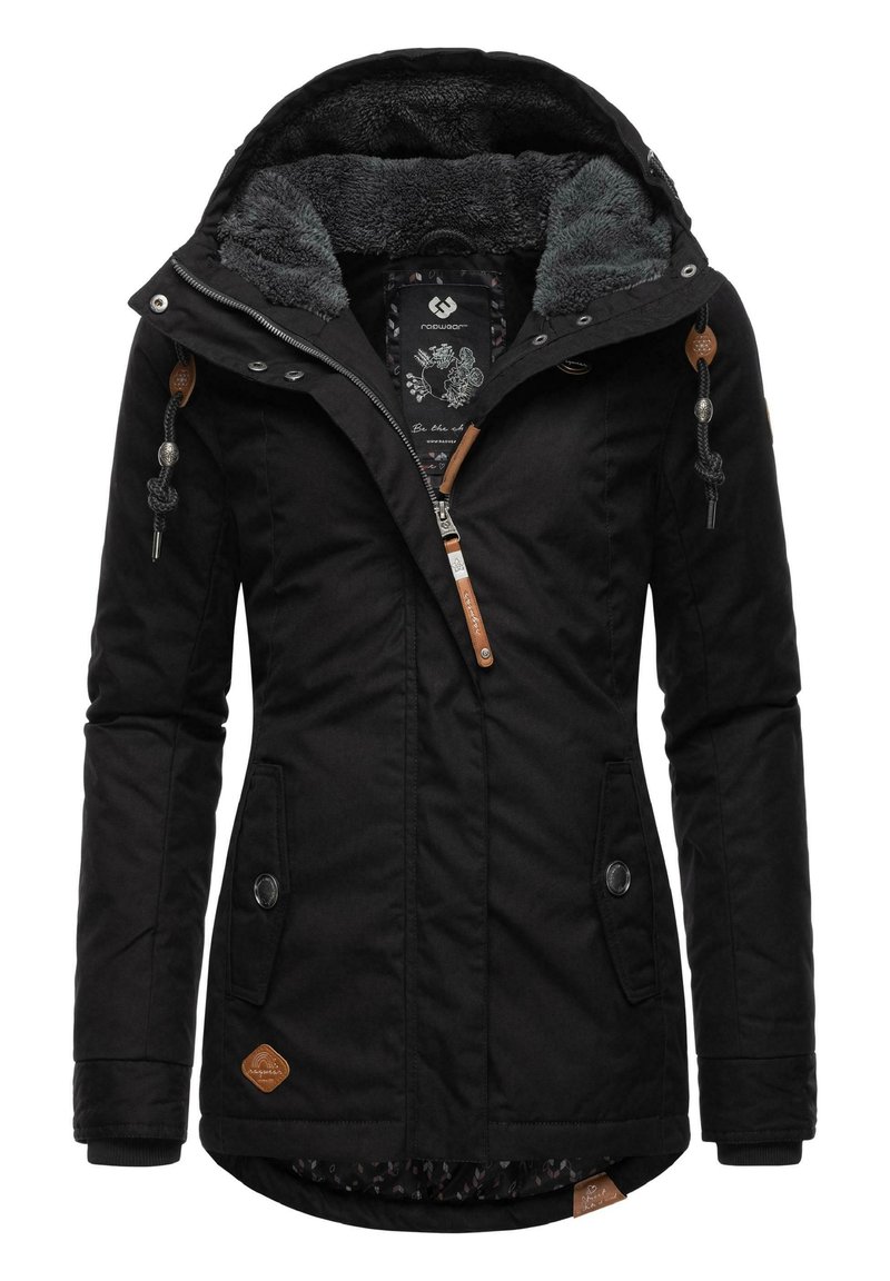 Black winter jacket with a faux fur-lined hood, zip closure, two front pockets, and a floral-patterned inner lining. Features leather accents.
