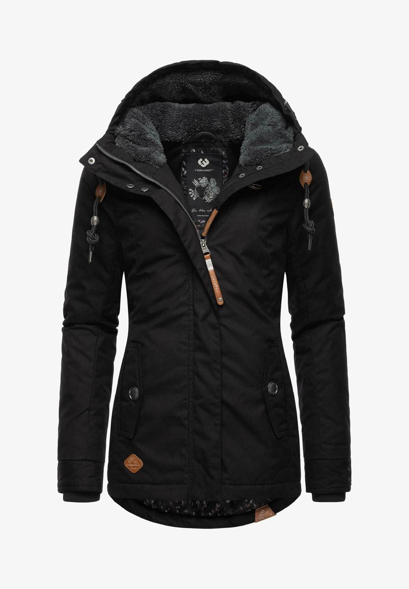 Black winter jacket with a faux fur-lined hood, zip closure, two front pockets, and a floral-patterned inner lining. Features leather accents.