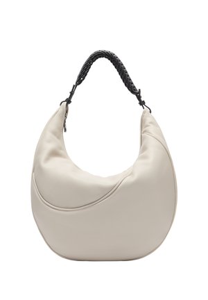 Cremefarbene handtasche in sichelförmigem Design mit glatter Textur und einem kurzen, schwarzen geflochtenen Griff, der an beiden Enden befestigt ist.