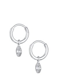 Sølvøreringe med en central dråbe med en ædelsten. Cirkulært design med poleret overflade, måler cirka 2 cm i diameter.